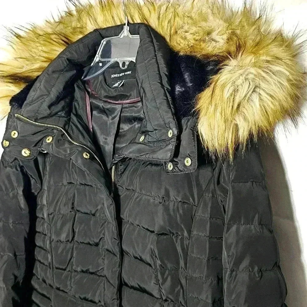 Jones New York Womens Black Down Puffer Quilted Hooded Coat Size Large - Picture 5 of 14